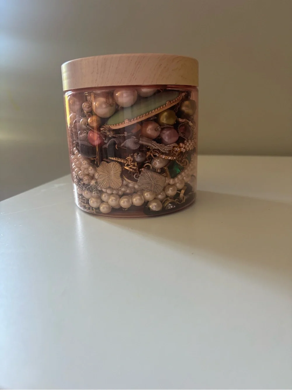 Wood Lid Jewelry Storage Jar - Pink and Gold